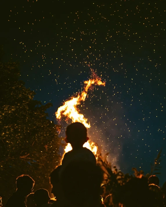 a crowd watches fireworks coming from behind them