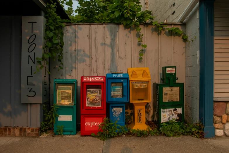 a number of vending machines behind a fence