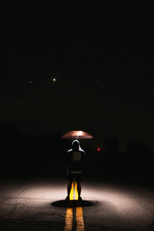 a person sits with an umbrella on the side of the street at night