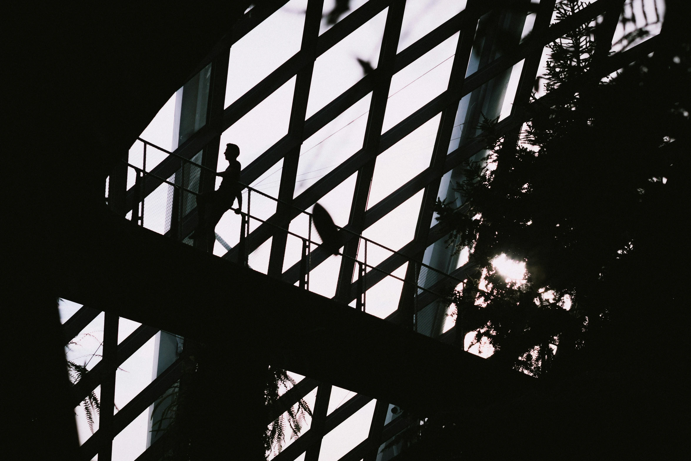 a person is silhouetted against the building while someone stands on a scaffold