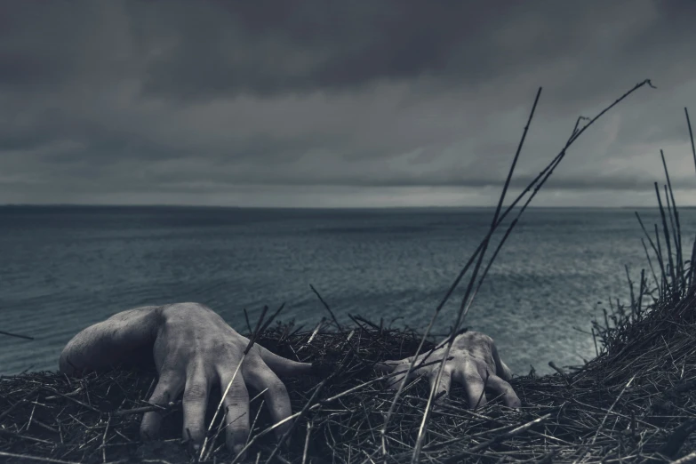 a person laying on the ground near a body of water