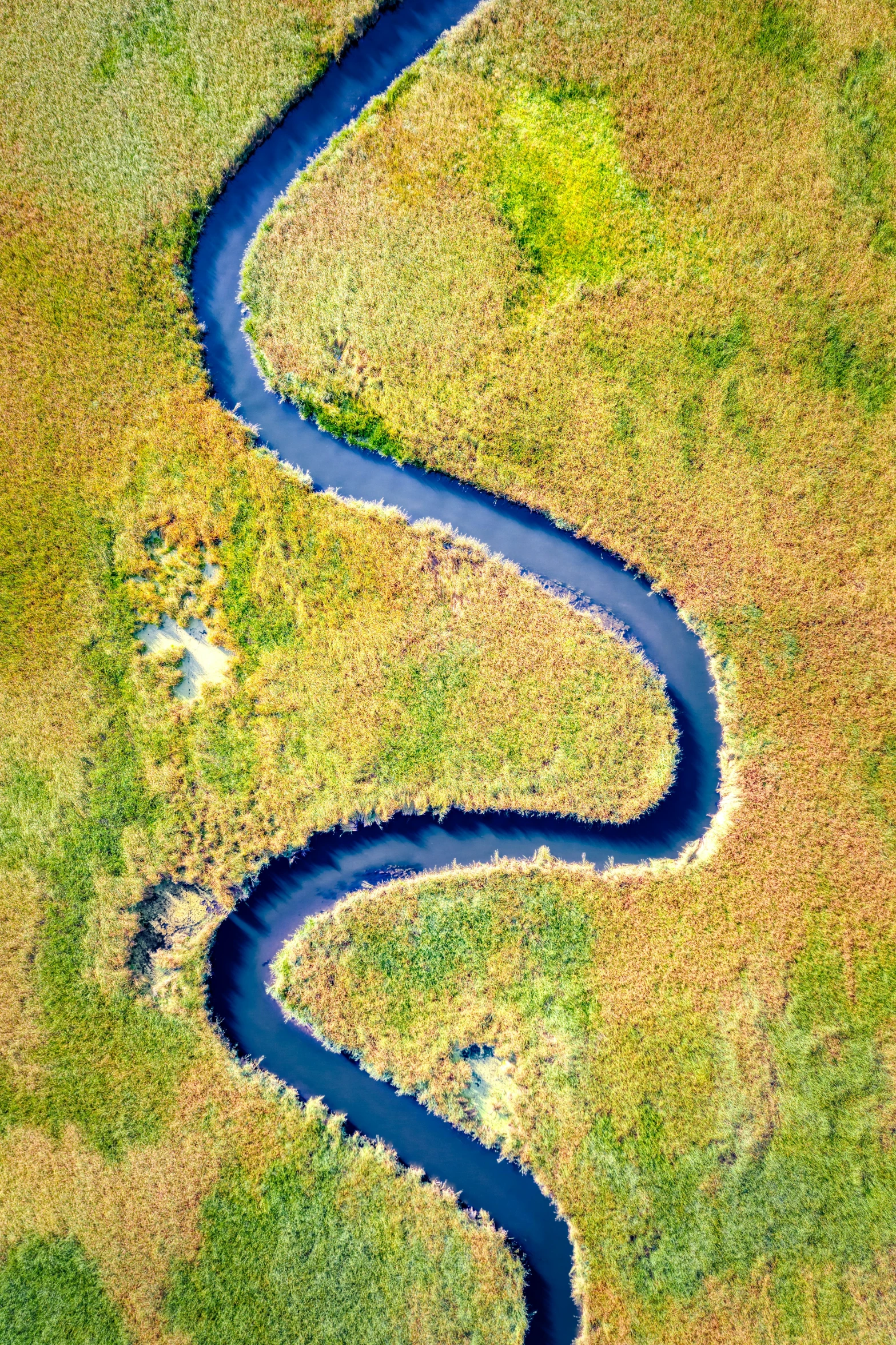 the meander stream in an open field with a path