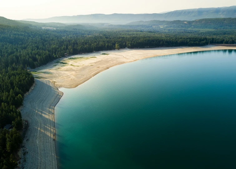 an aerial view of a lake surrounded by forest