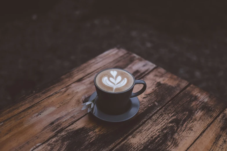 a cup of coffee on top of a wooden table