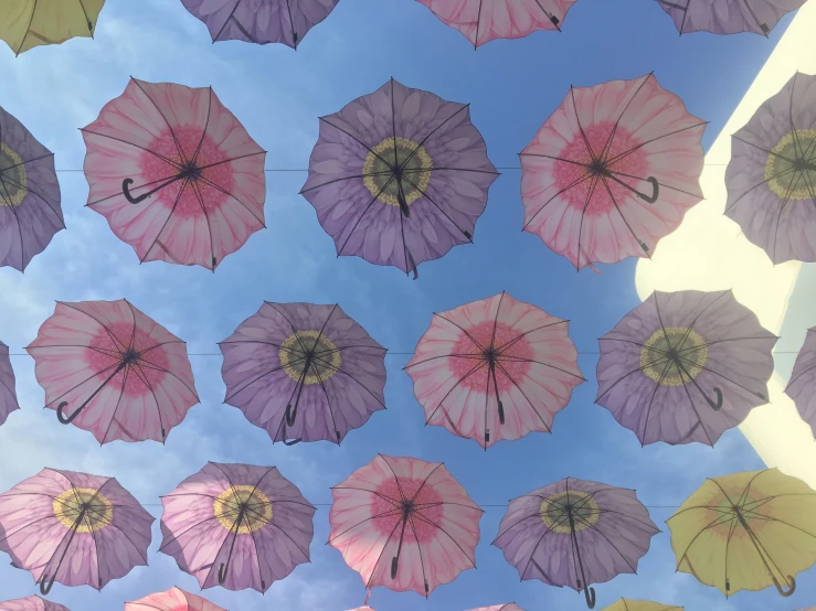 a bunch of umbrellas that are up in the sky