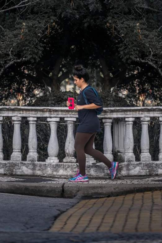 a person running down a city street