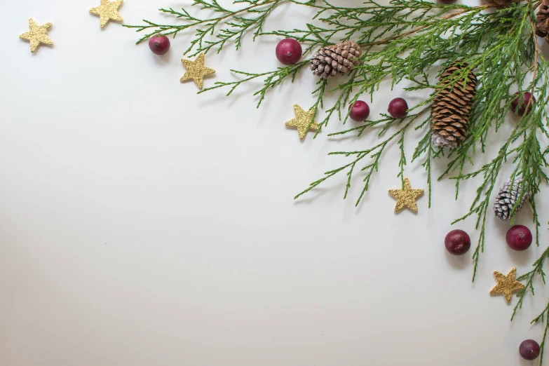 christmas ornaments and pine cones on a white surface