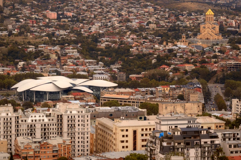 an aerial view of the city of los angeles with its dome building