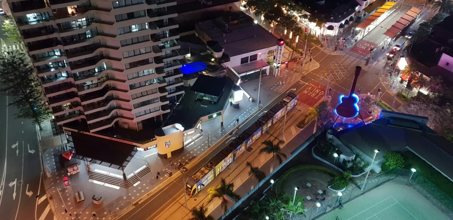 an aerial view of a city at night