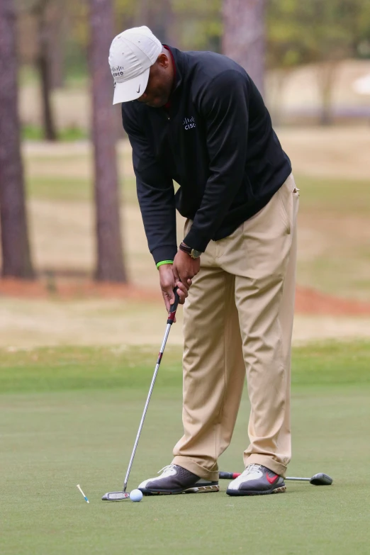 a man on the grass putting a golf ball