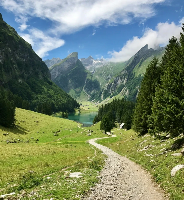 a dirt path runs between green mountains and lakes