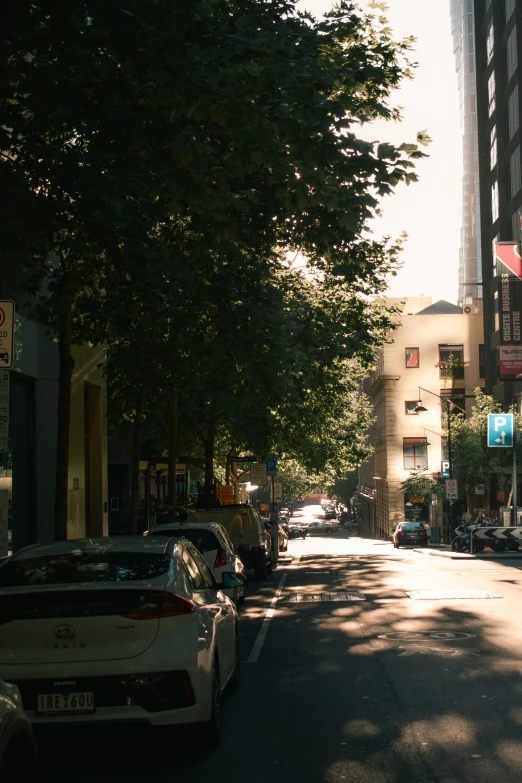 a small street with buildings on both sides and a row of cars on the side