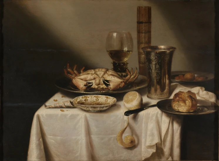 a still life painting with bread, wine, and fish