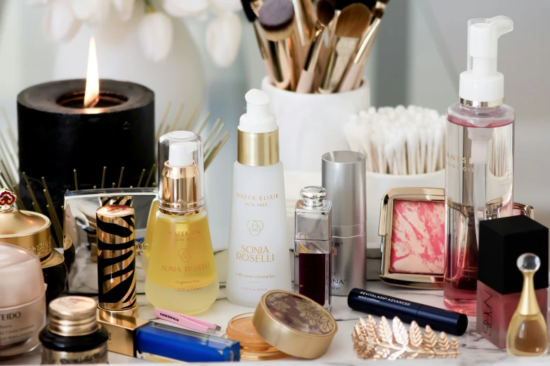 a number of beauty items on a table