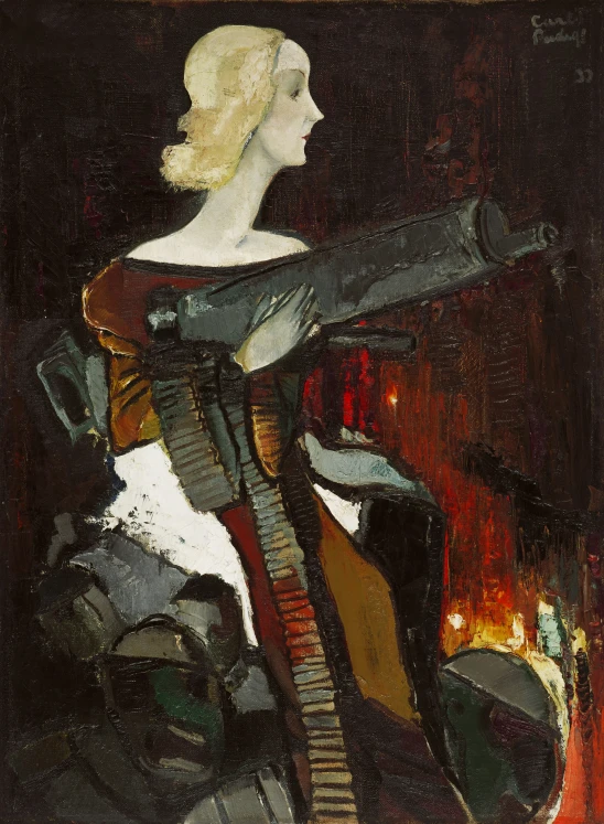 a painting with a woman holding a gun