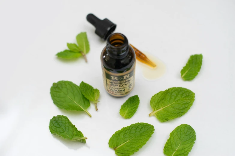 a bottle filled with oil sitting next to green leaves