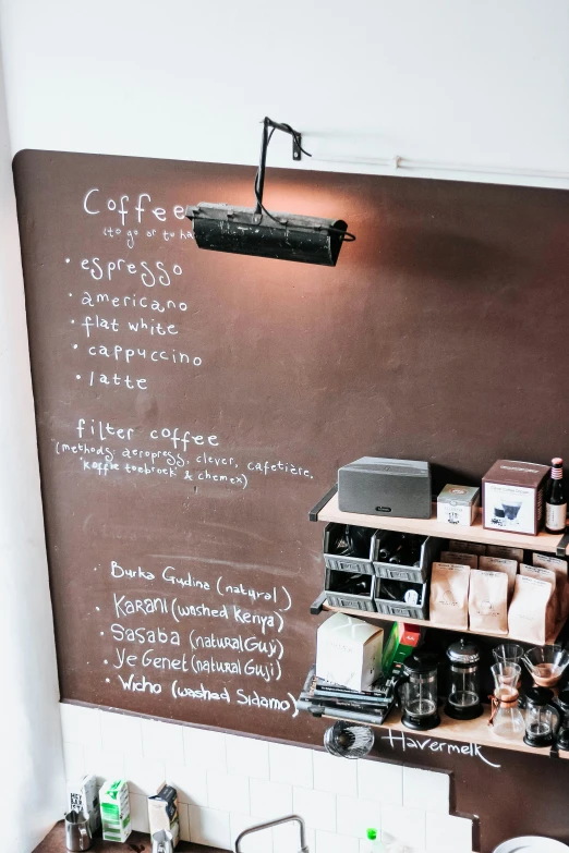 a chalkboard on the wall in the corner of a kitchen