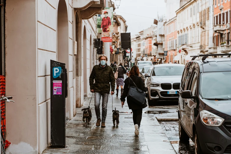 a group of people walking down a city street on a rainy day