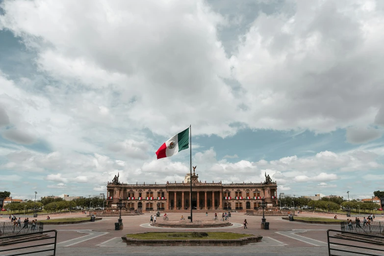 a large square and a red flag are on the top