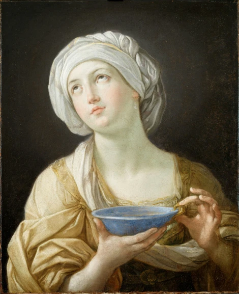 a painting depicting a woman holding a bowl