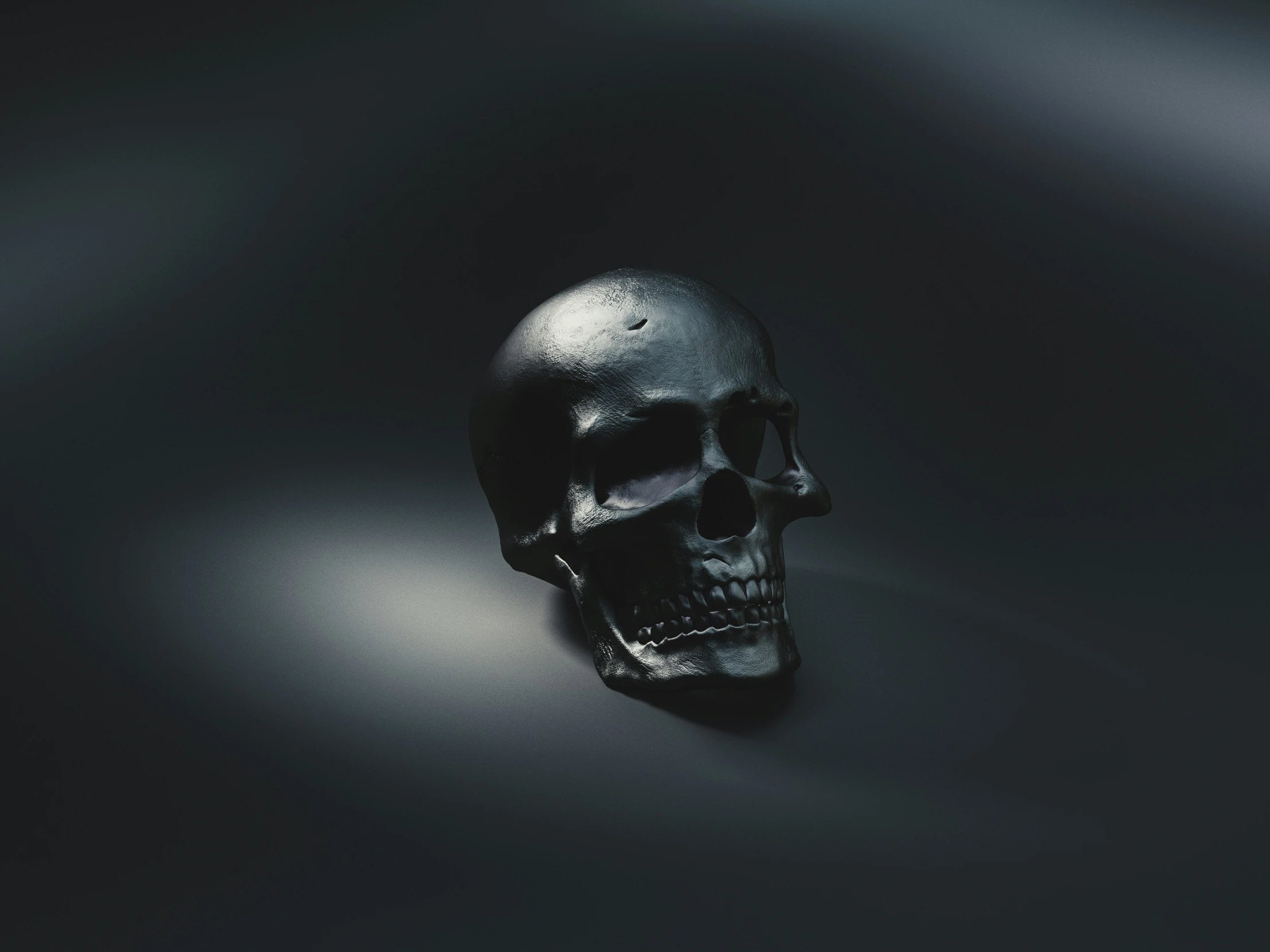 a black skull laying on a gray ground