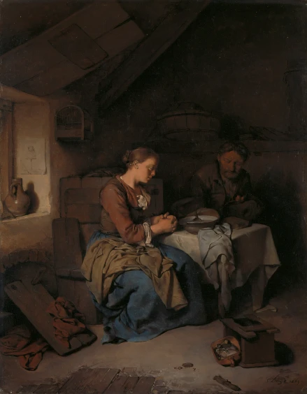 a painting of a woman at a table