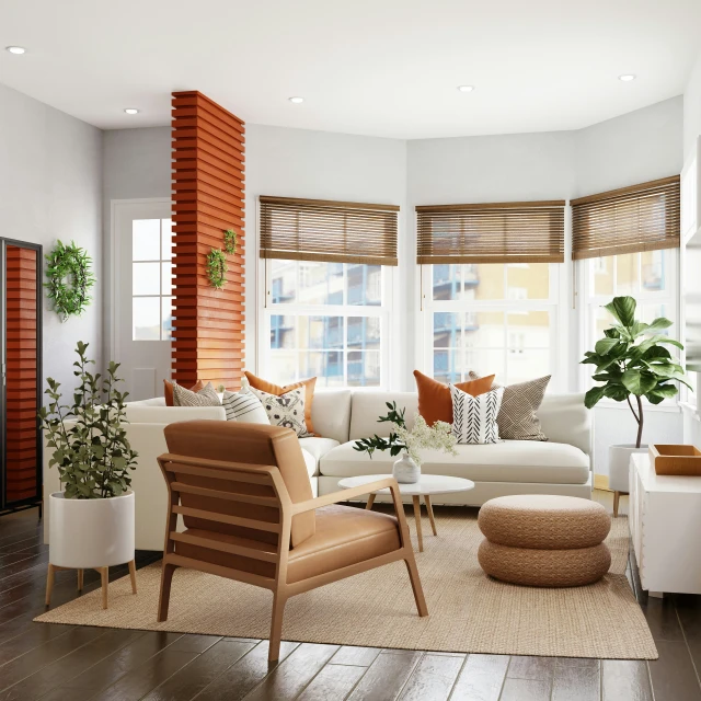 a white living room with modern furniture and pillows