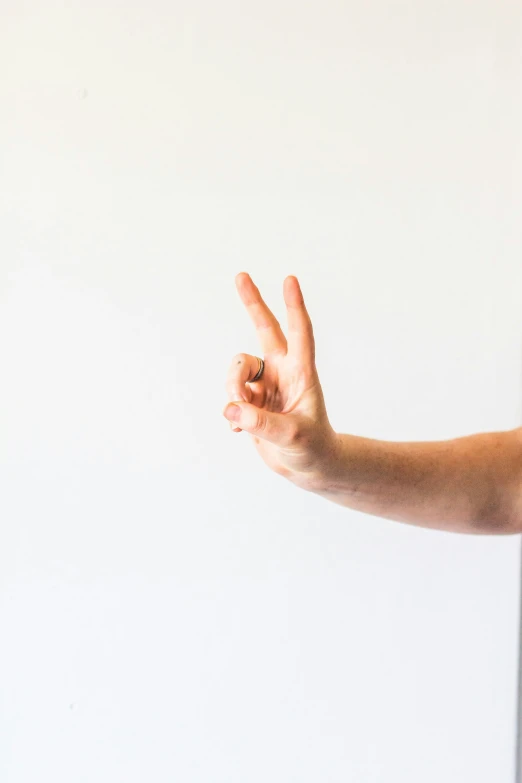 hand making the vulcan sign in front of a white wall