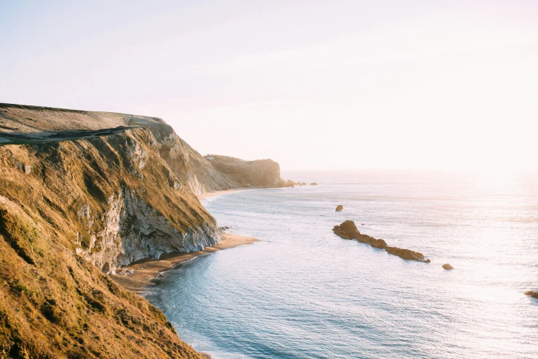 a body of water with some cliffs near by