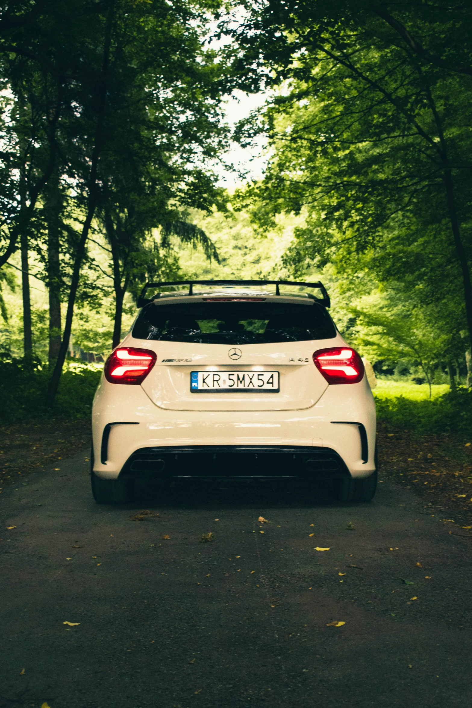 a car is parked near some trees in the sunlight