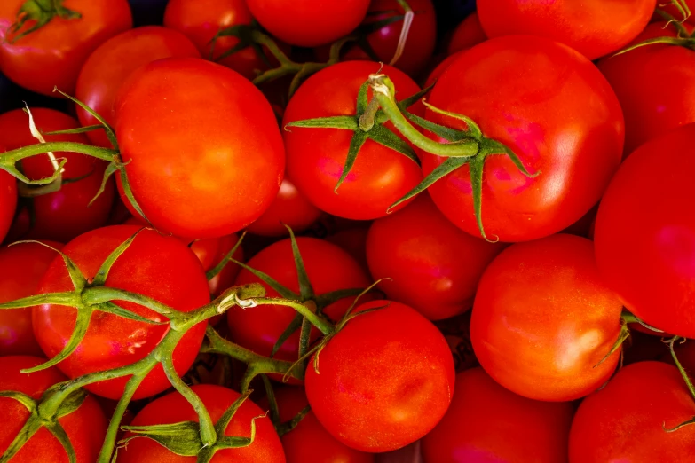 a pile of tomatoes that are on display