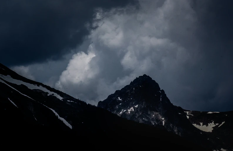 a mountain covered in snow under dark clouds