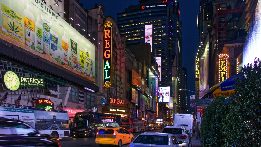 a view of an urban city street at night