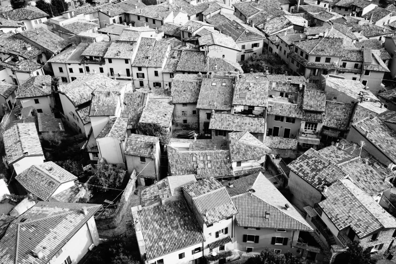 a group of buildings with roofs and windows