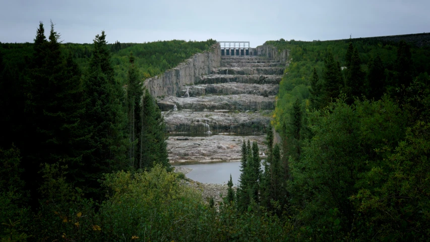 a large, rocky, and dry stream meanders down into the forest