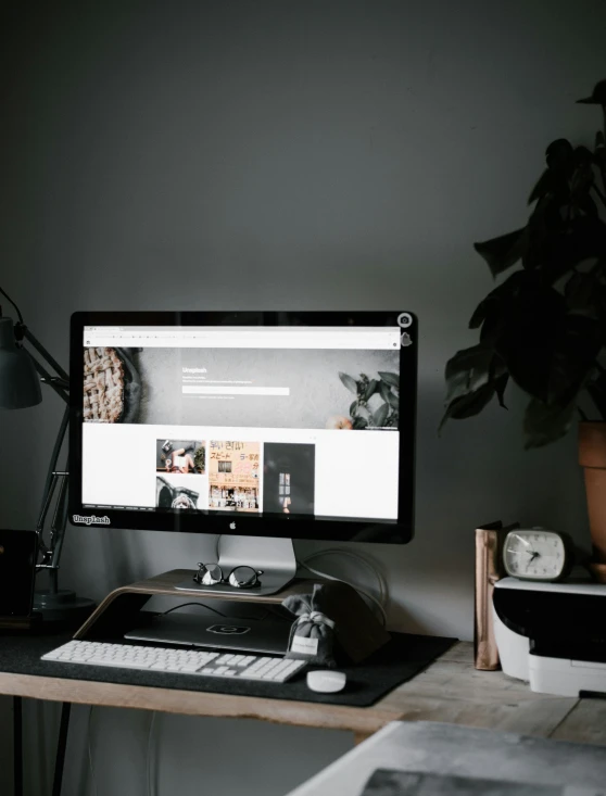 a computer on a desk near a houseplant