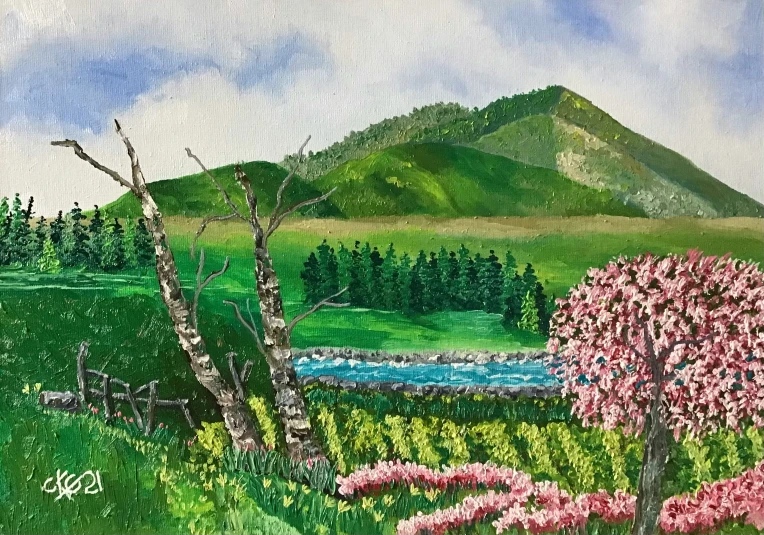 painting of pink and green flowers with mountain view