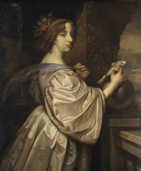 an antique painting of a woman in white holding soing