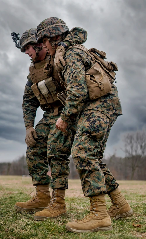 two soldiers in camouflage are emcing each other