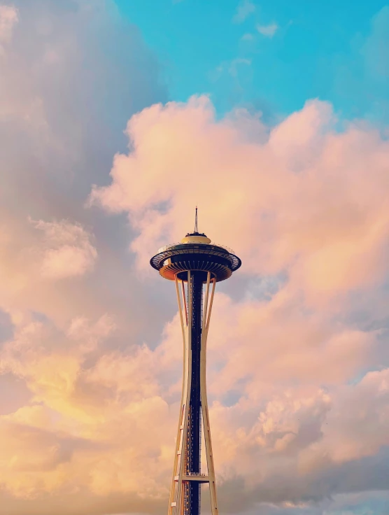 the space needle under a partly cloudy sky