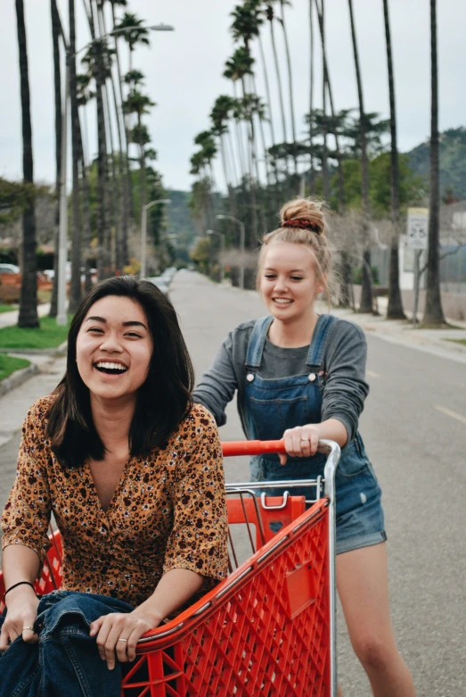 two young women in denim overalls with shopping carts