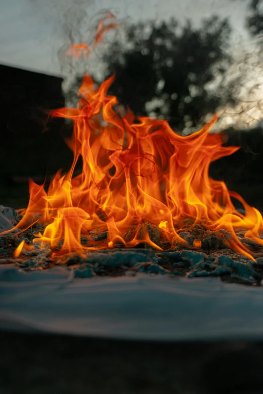 closeup of a plate of food with fire and water in the background