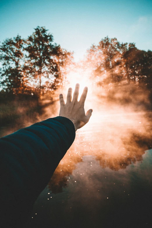 a hand with the sun rising in front of trees