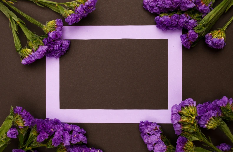 small square frame surrounded by many purple flowers