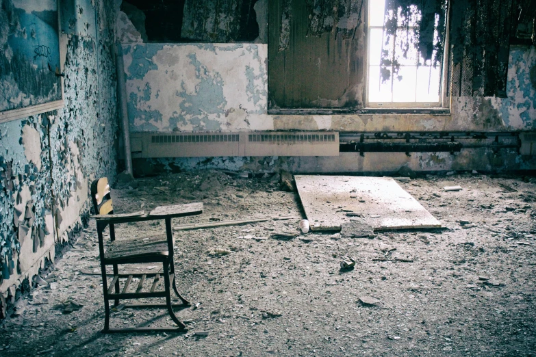 a lonely chair sits alone in an old room