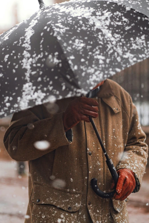 man holding up an umbrella and wearing gloves in the snow