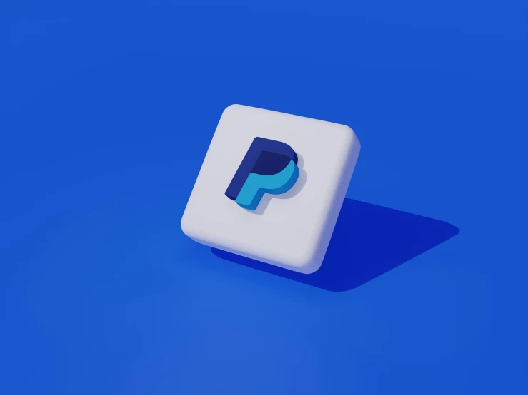a 3d rendering of a white and blue block with a small letter p on the side