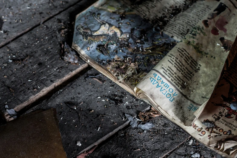 a burned out newspaper lies on a wooden floor