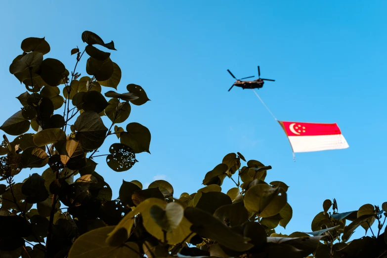 a helicopter flying next to a flag on a lush green field