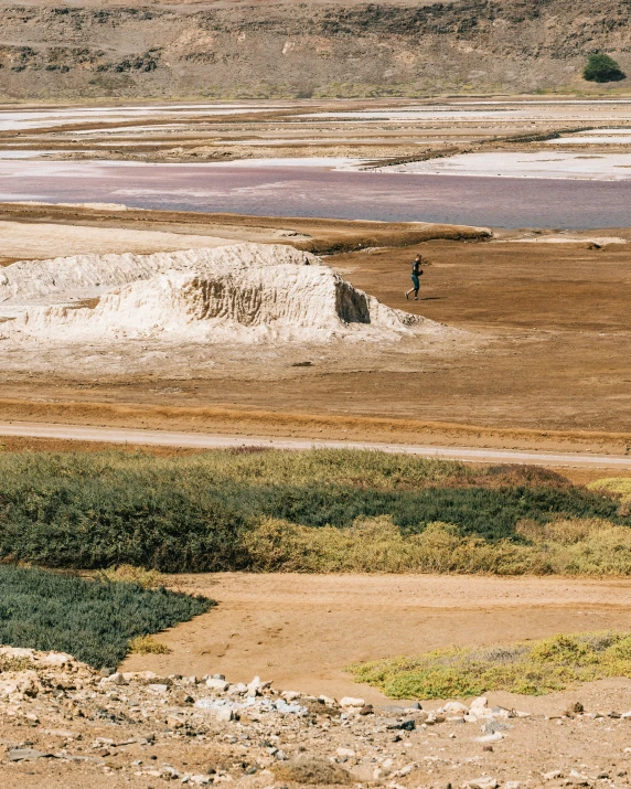 a lone man walking along the edge of a desert